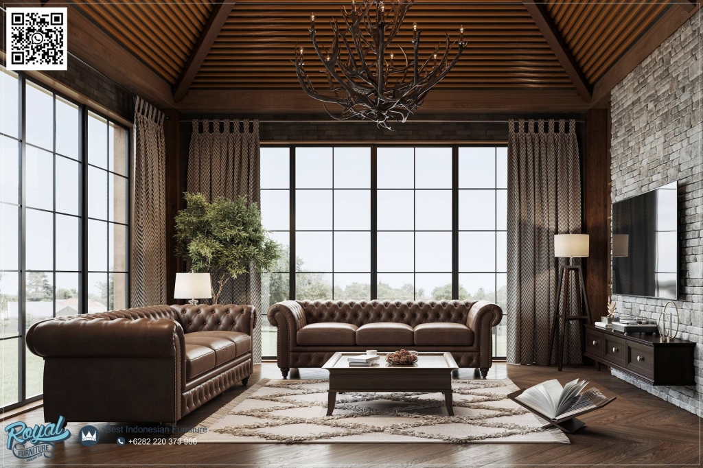 Sofa Chesterfield Kulit Asli, Sofa Mewah Klasik, Furniture Ruang Tamu Elegan, Sofa Tamu Premium, Sofa Kulit Model Inggris, Sofa Custom Chesterfield,Model Sofa Kulit Chesterfield Ruang Tamu Mewah Royal