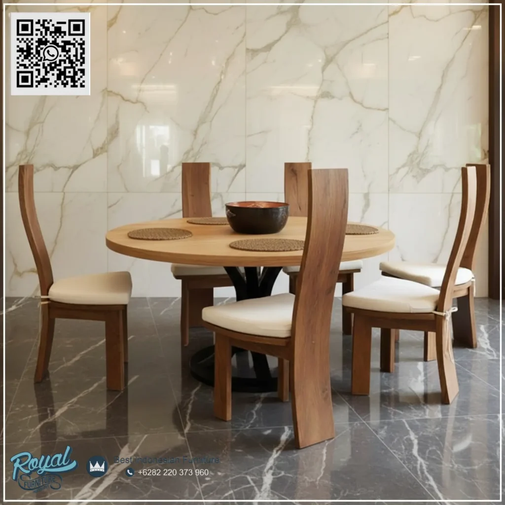 Set Meja Makan Cafe Bulat 6 Kursi Solid Wood Suar Jepara