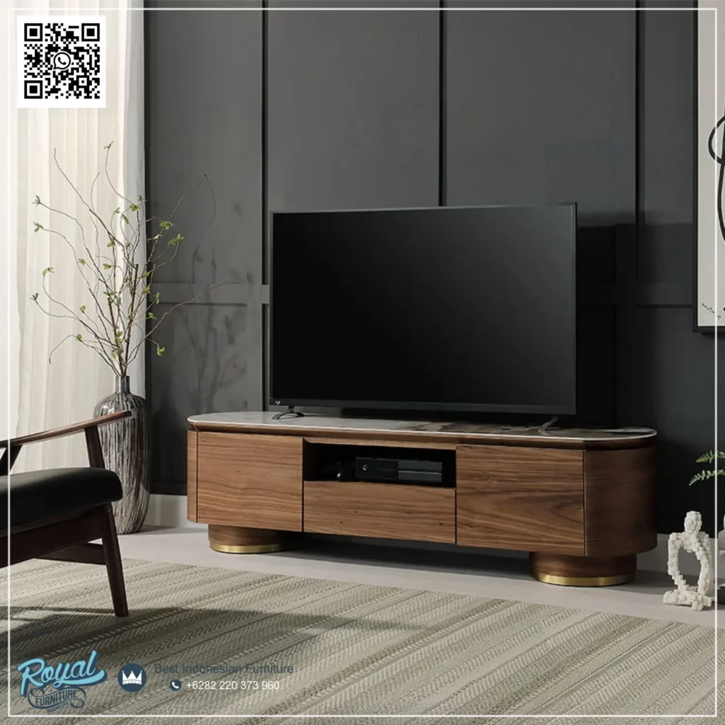Bufet TV Mewah Marmer Solid Wood Jati Premium