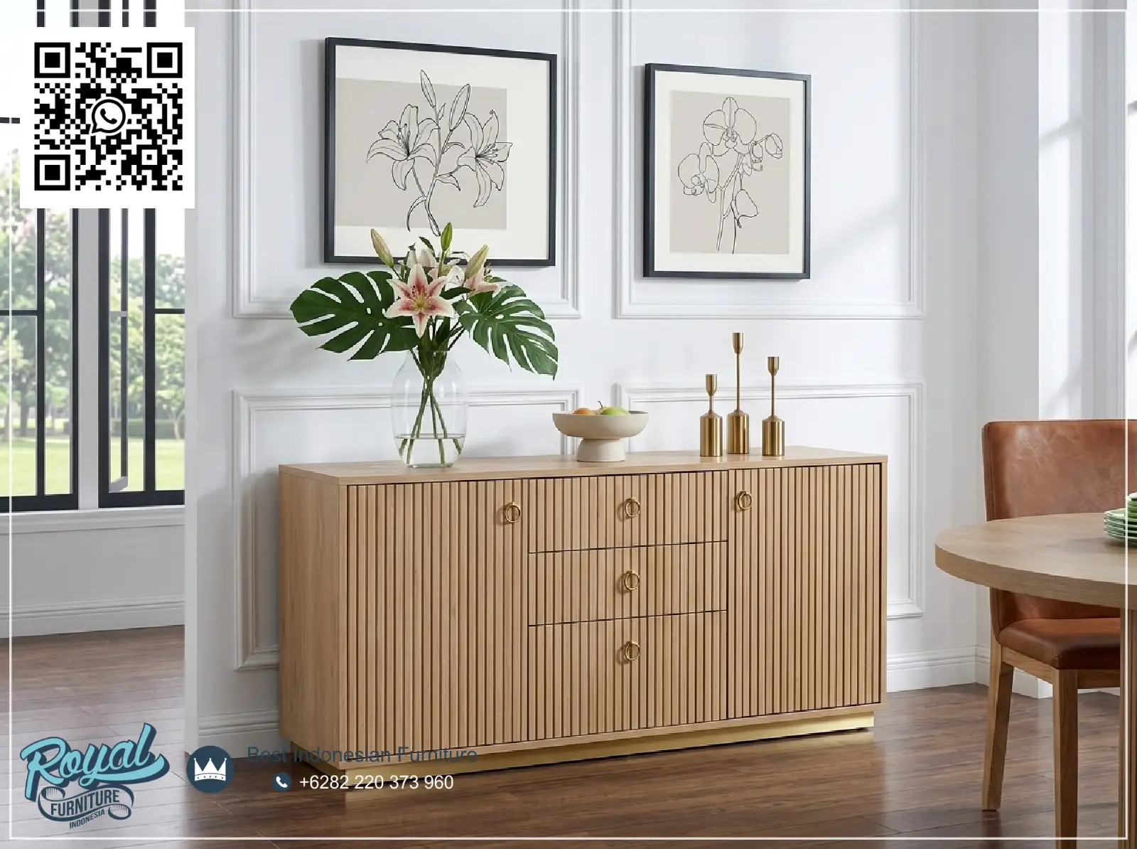Bufet Credenza Set Meja Makan Kursi Kulit Ruangan Minimalis Modern