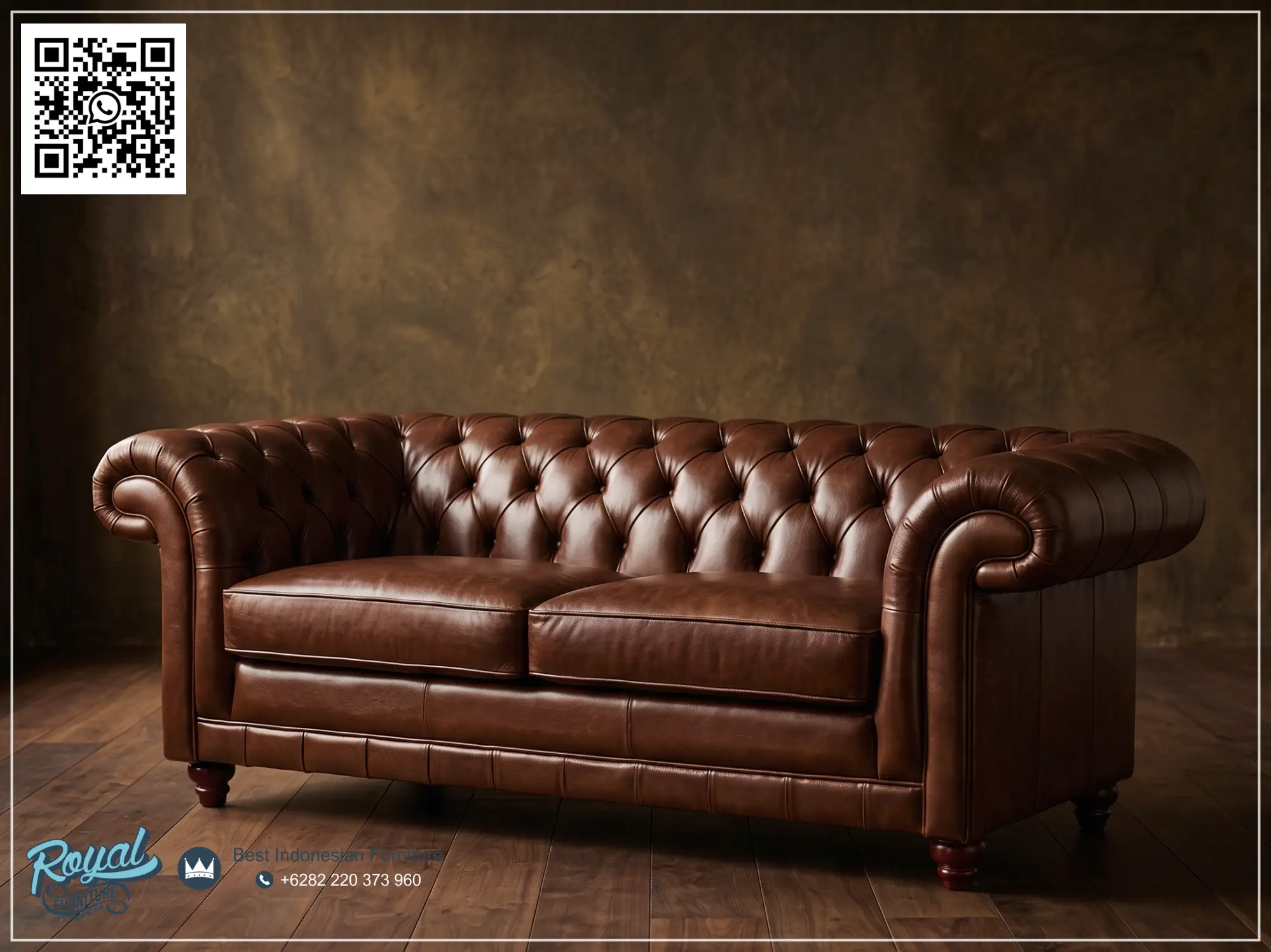 2 Dudukan Sofa Chesterfield Minimalis Mewah Brown Leather Original Jepara