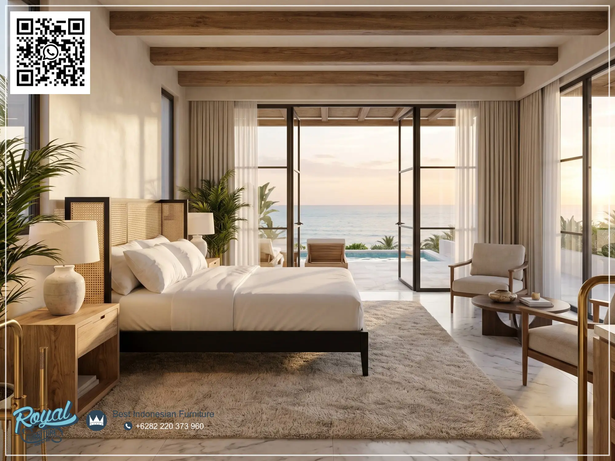 Furniture Villa Tempat Tidur Minimalis Kombinasi Rotan Alami