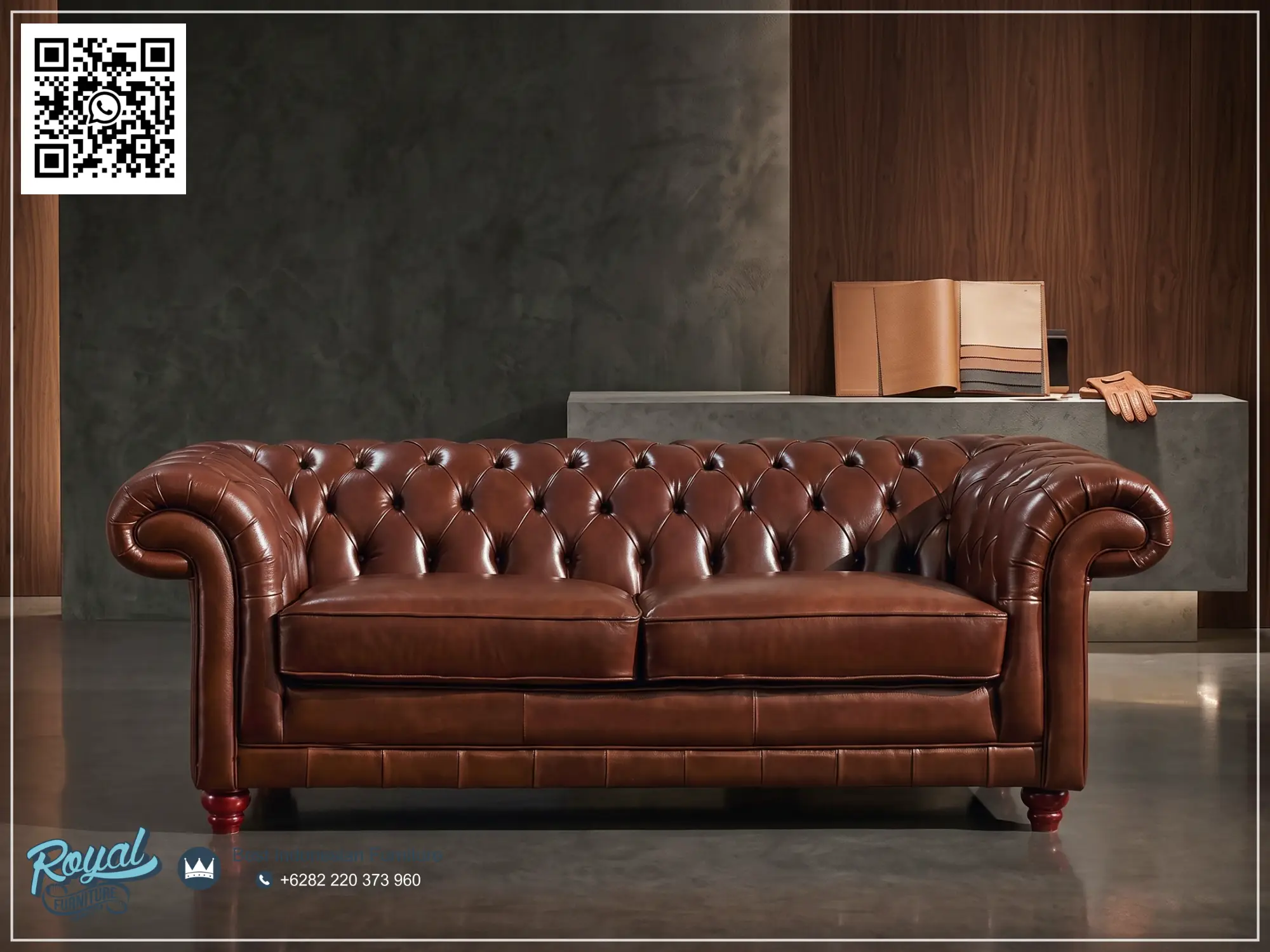 Model Sofa Chesterfield Minimalis Mewah Brown Leather Original Jepara