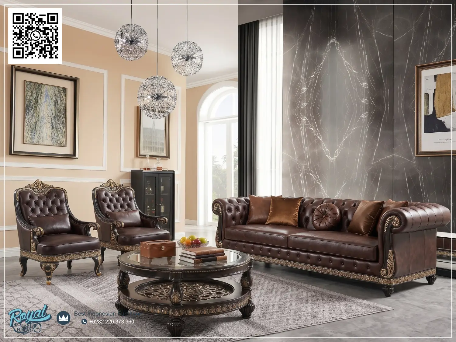 Set Sofa Kulit Mewah Jepara Ruang Tamu Sultan