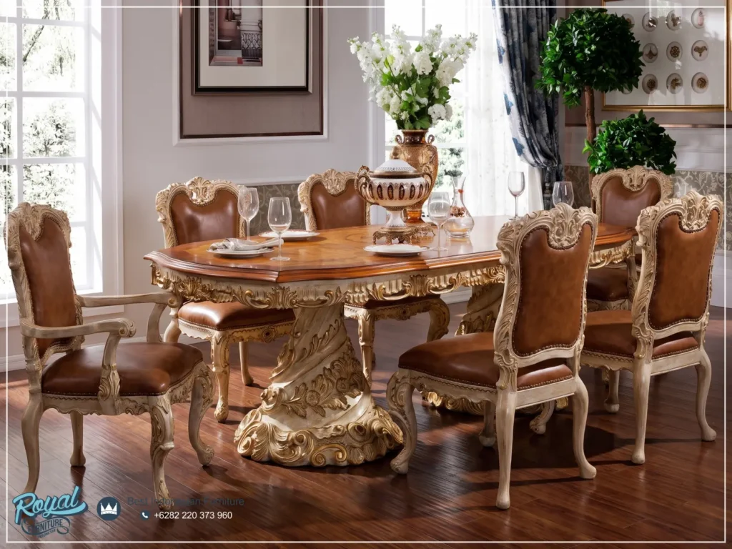 Desain Set Meja Makan Mewah Ukir Jepara Klasik Luxury Original Leather Terbaru