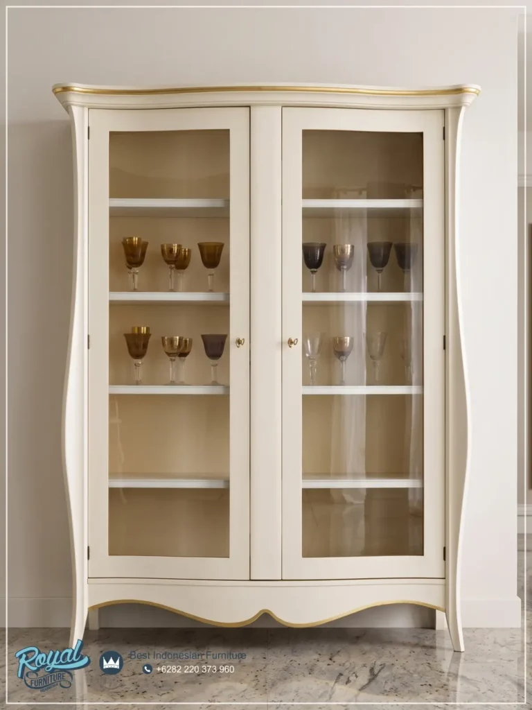 Furniture Custom Desain Lemari Kaca Hias Mebel Jepara Model Eropa, Almari Kaca Hias Minimalis 2 Laci, Lemari Pajangan Mewah Minimalis Terbaru