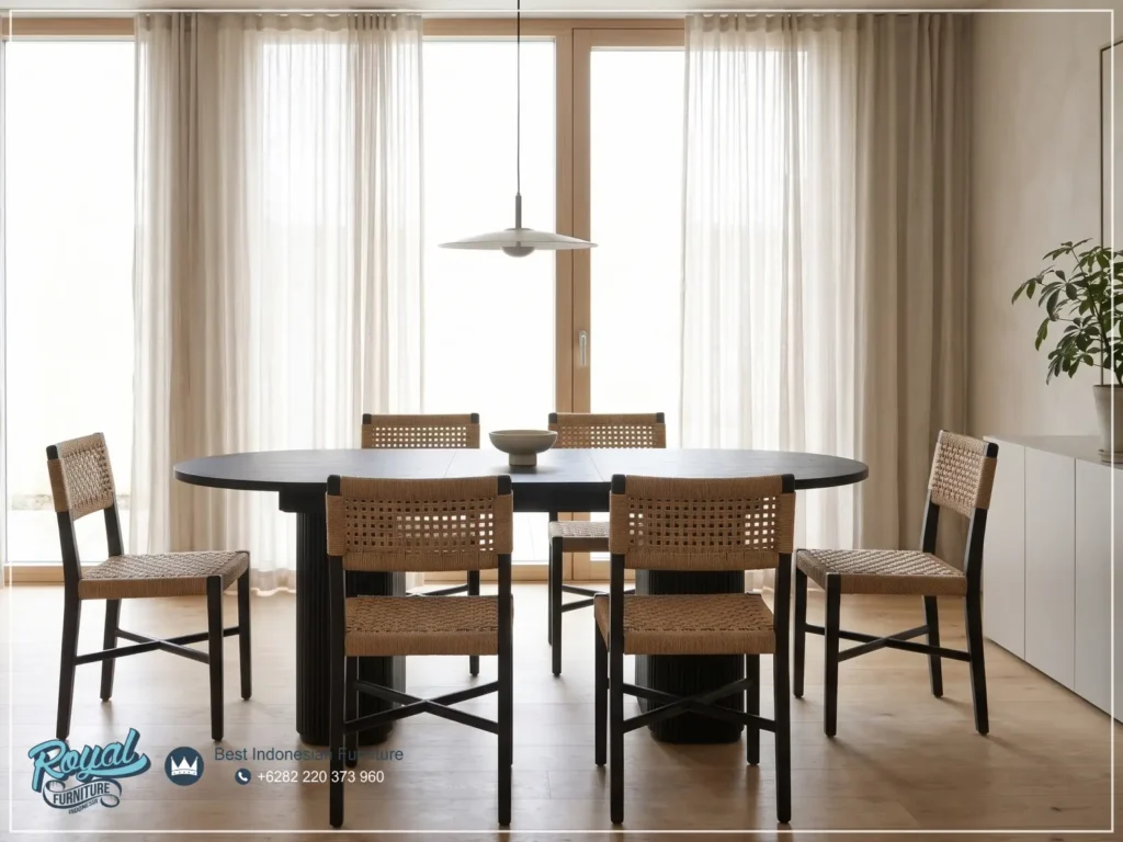 Modern Dining Set Meja Makan Solid Teak Chair 6 Kursi Handwoven Paper Loom Modern Dining Set Meja Makan Solid Teak Chair 6 Kursi Handwoven Paper Loom