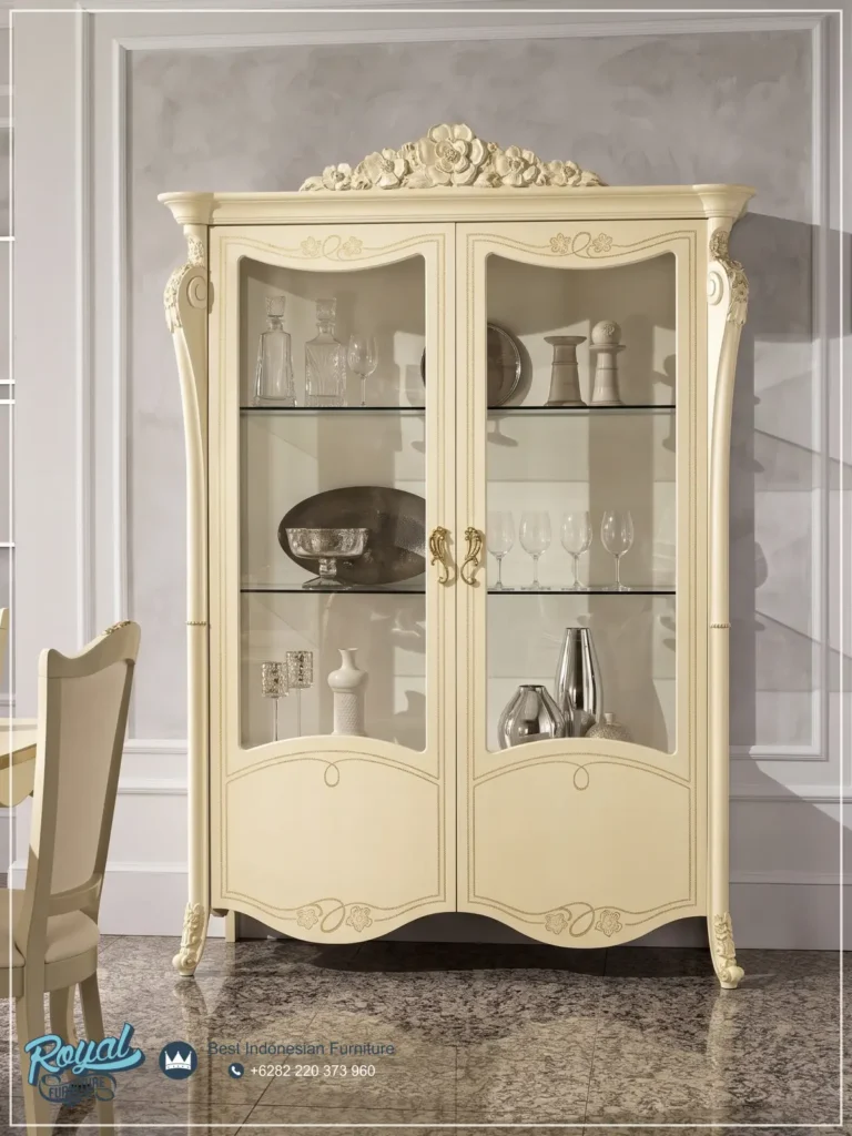 Vitrine Custom Desain Lemari Kaca Hias Mebel Jepara Model Eropa, Almari Kaca Hias Minimalis 2 Laci, Lemari Pajangan Mewah Minimalis Terbaru
